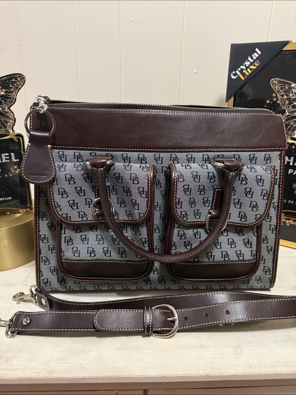 Dooney & Bourke Brown Leather Patterned Dual-Pocket Satchel with Top Handles - Picture 10 of 12